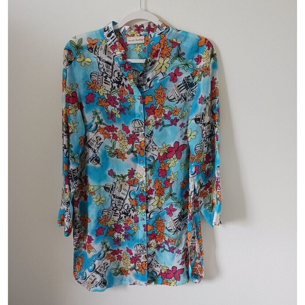 Marsh Landing‎ Silk Blouse Multicolor Sheer Abstract Artsy Boho Top Size S